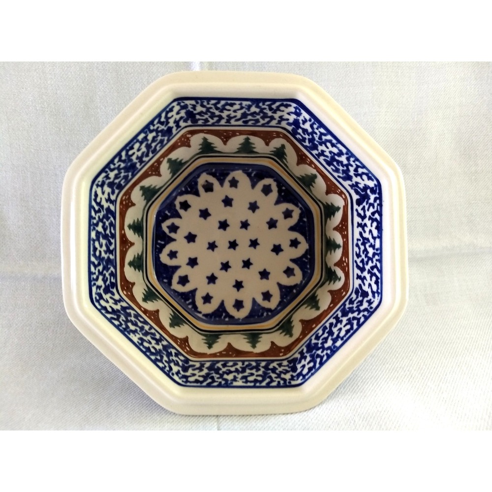 Polish Pottery Octagonal Bowl MoMo Panache Boleslawiec‎ Christmas Tree Stars NWT